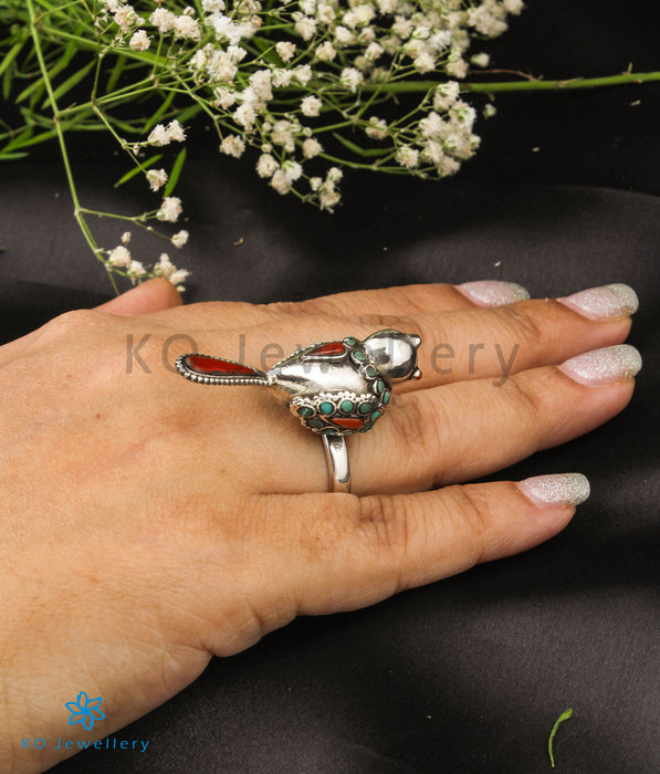 The Pakshi Silver Coral/Turquoise Statement Open Finger Ring