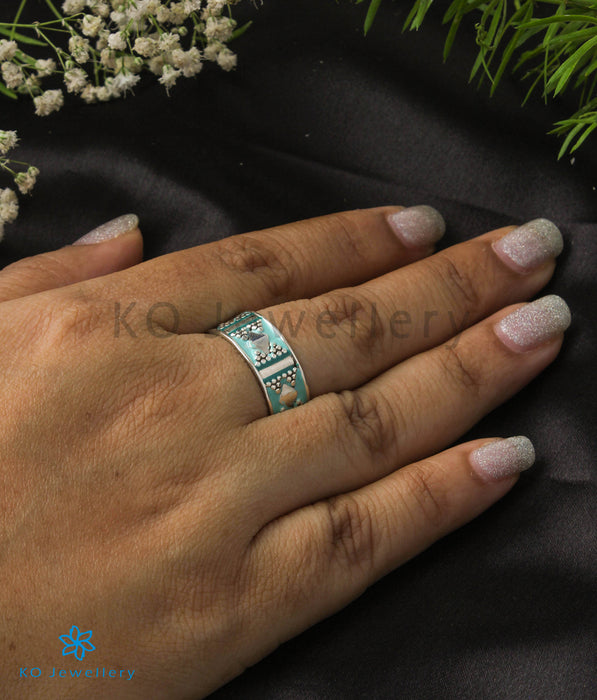 The Naz Silver Enamel/Meenakari Open Finger Ring (Light Blue)