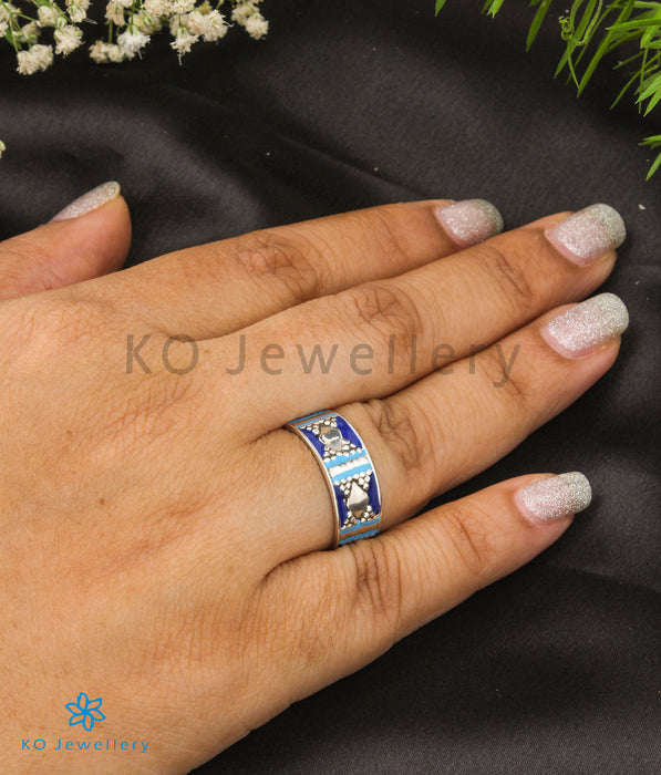 The Naz Silver Enamel/Meenakari Open Finger Ring (Dark Blue)