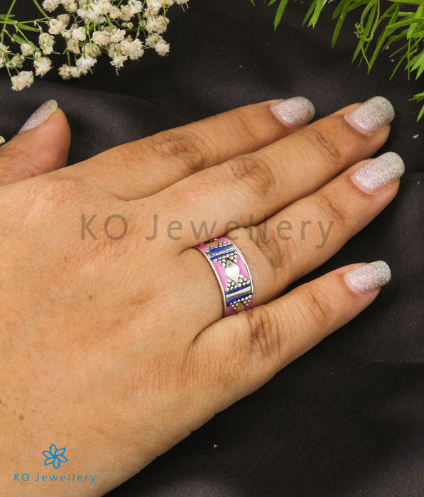 The Naz Silver Enamel/Meenakari Open Finger Ring (Pink)