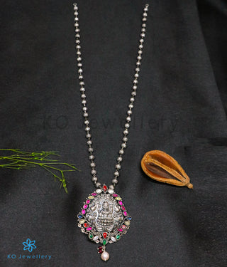 The GajaLakshmi Silver Navratna Pendant( Oxidised)