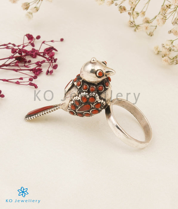 The Pakshi Silver Coral Statement Open Finger Ring