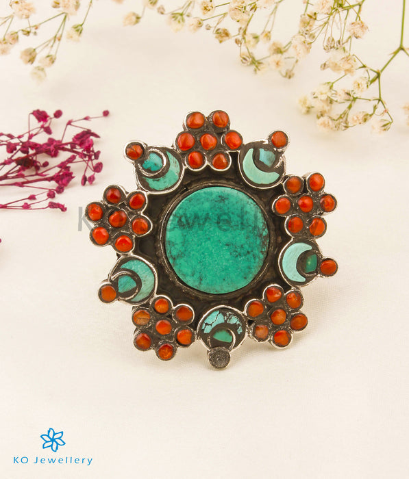 The Chand Silver Coral/Turquoise Statement Open Finger Ring