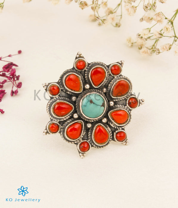 The Bohemian Silver Coral/Turquoise Statement Open Finger Ring