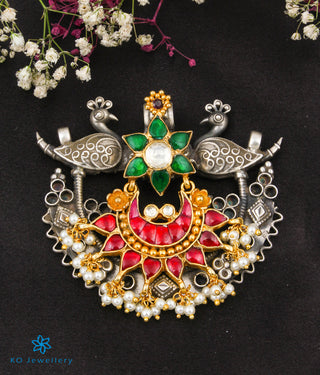 The Swara Antique Silver Kundan Peacock Pendant (2 Tone)