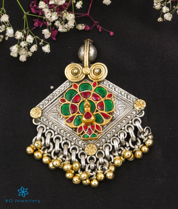The Aariya Antique Silver Peacock Kundan Pendant (2 Tone)