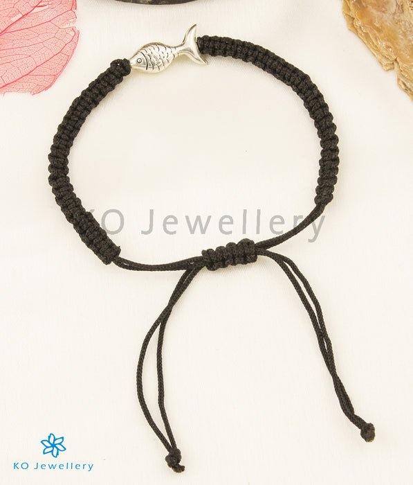 The Single Fish Silver Black Thread Bracelet