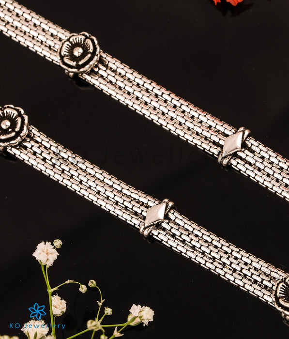 The Vinyas Silver Floral Antique Anklets
