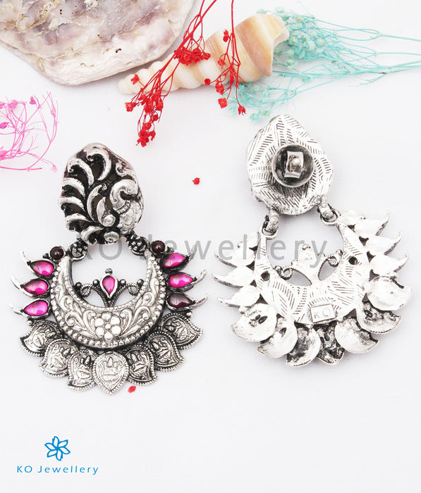 The Aradhita Silver Peacock Chand Bali Earrings(Oxidised)