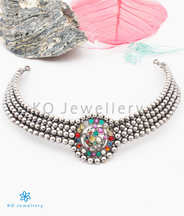 The Bhamini Silver Navratna Choker Necklace (Oxidised)
