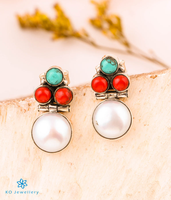 The Divit Silver Gemstone Earrings(Red/Blue)