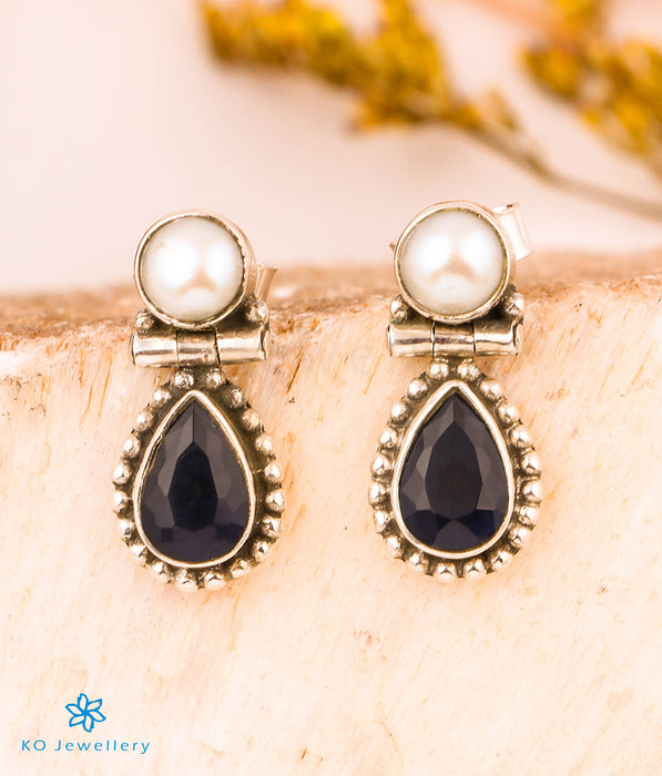 The Harita Silver Gemstone Earrings (Dark Blue)