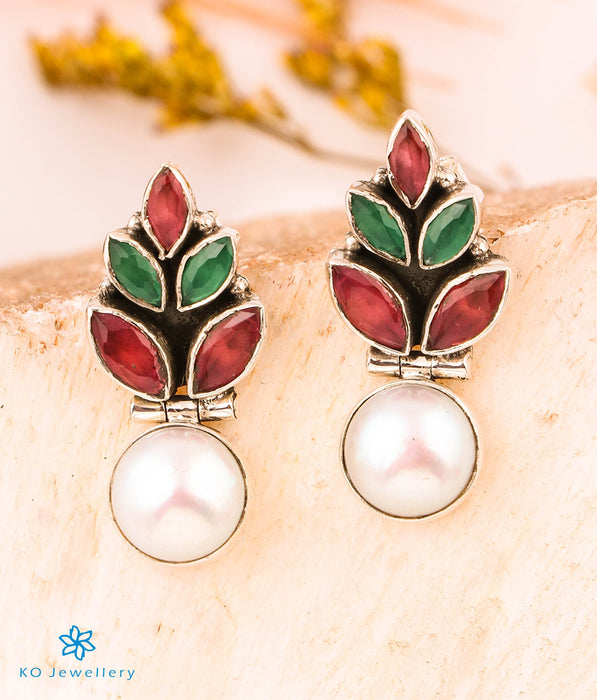 The Mridula Silver Gemstone Earrings (Red/Green)