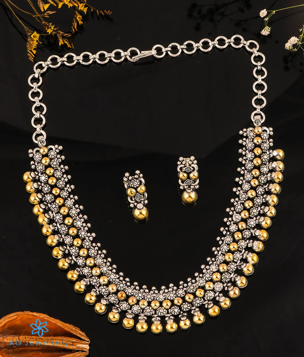 The Aaloka Silver Antique Necklace & Earrings (2 tone)