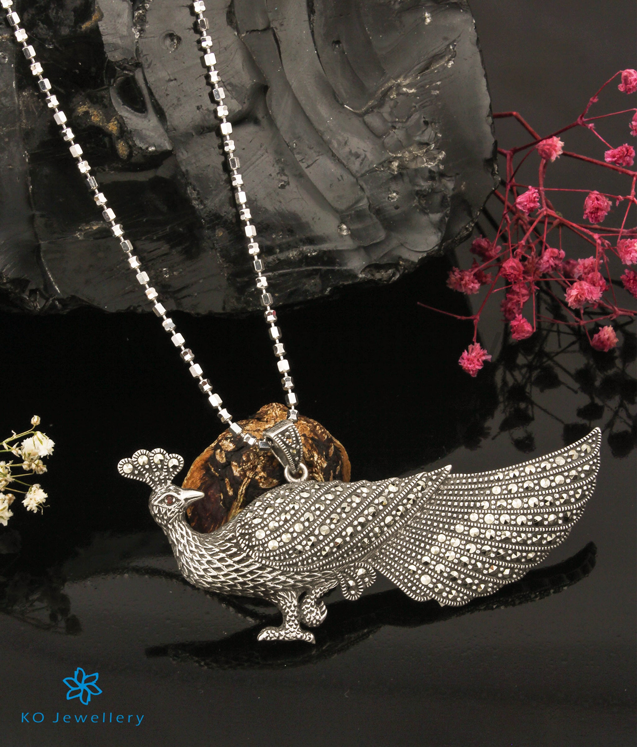 The Preening Silver Peacock Pendant- Buy designer Marcasite Pendants Online KO Jewellery