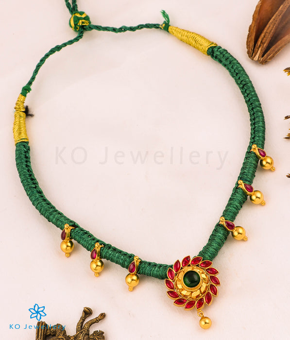 The Aamod Silver Ornate Kempu Necklace (Green)