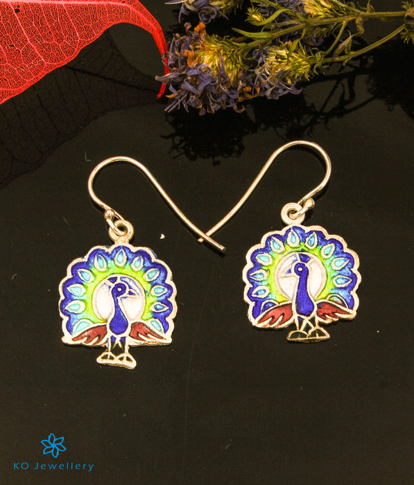 The Peacock Silver Meenakari Earrings (Blue)