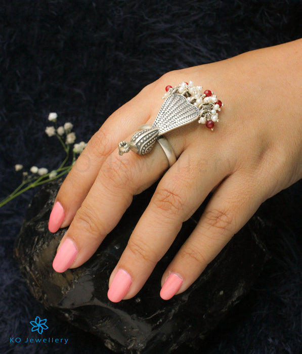 The Tavus Silver Peacock Statement Open Finger Ring (Red)