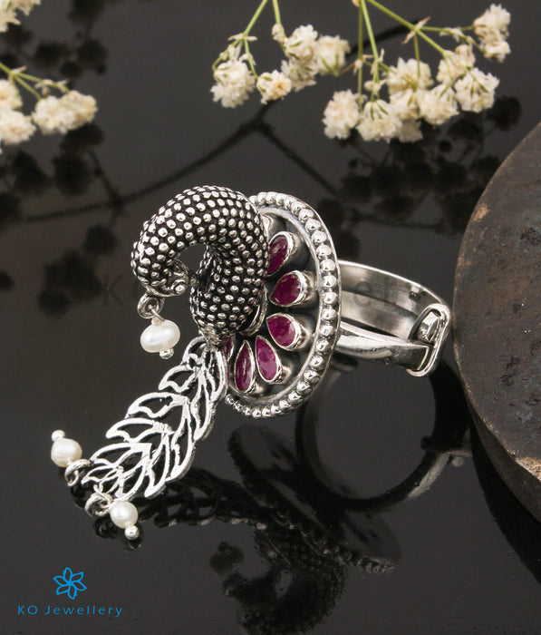 The Udvita Silver Peacock Statement Open Finger Ring (Red)