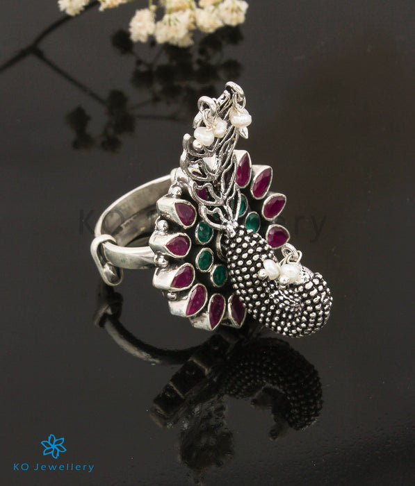 The Udvita Silver Peacock Statement Open Finger Ring (Red/Green)
