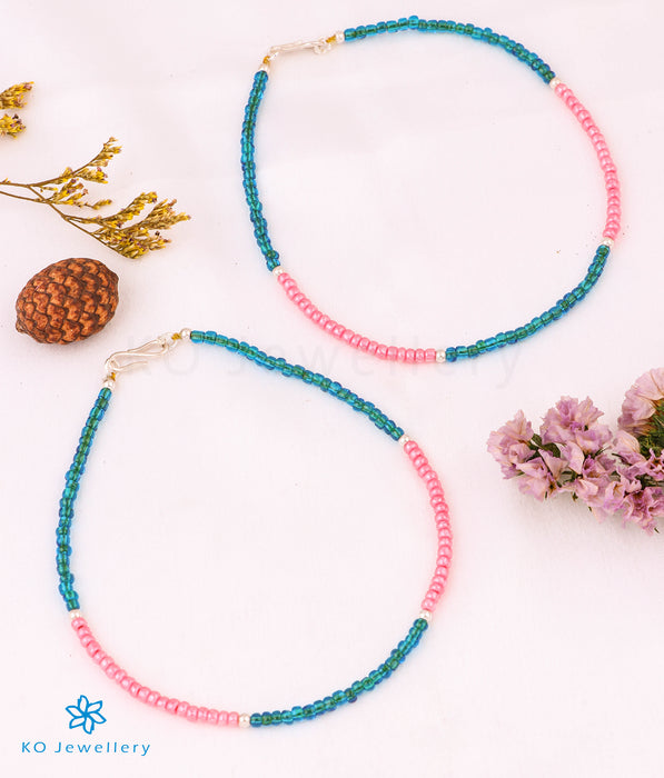 The Blues & Pinks Silver Bead Anklets