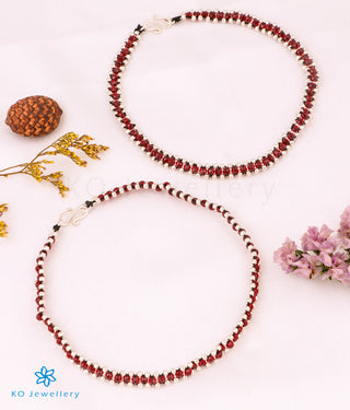 The Red Handwoven Silver Bead Anklets