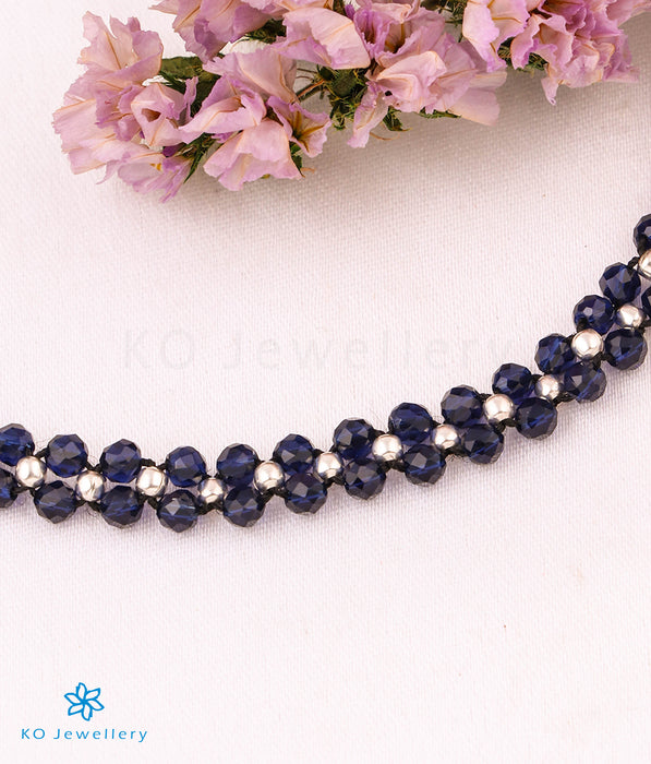 The Dark Blue Handwoven Silver Bead Anklets