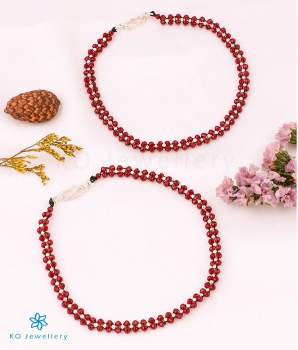 The Red Handwoven Silver Bead Anklets