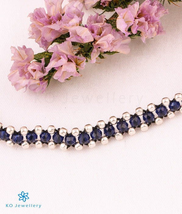 The Dark Blue Handwoven Silver Bead Anklets