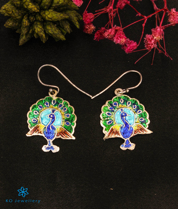 The Peacock Silver Meenakari Earrings (Green)