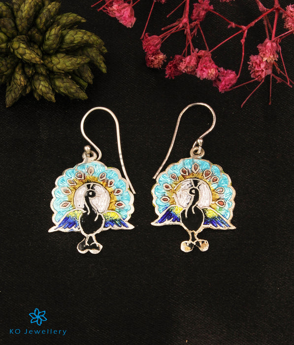 The Peacock Silver Meenakari Earrings (Blue/Black)