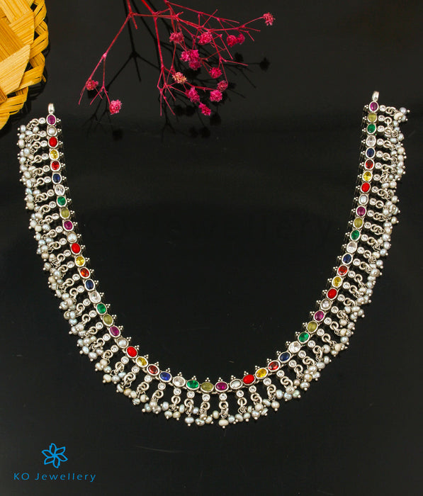 The Prerna Silver Navratna Necklace (Short/Oxidised)