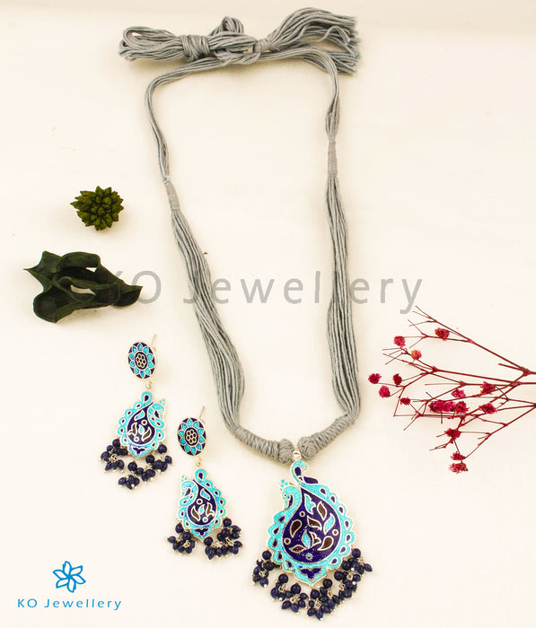The Peacock Silver Meenakari Thread Necklace(Blue)
