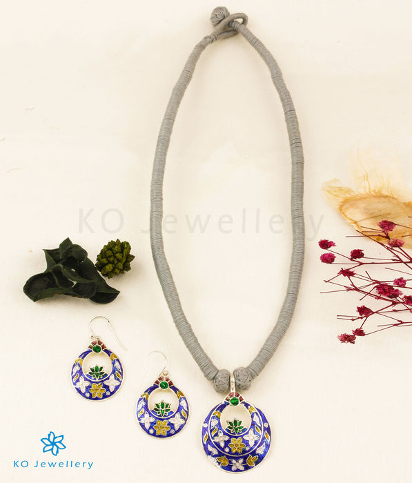 The Vedika Silver Meenakari Thread Necklace(Dark Blue)