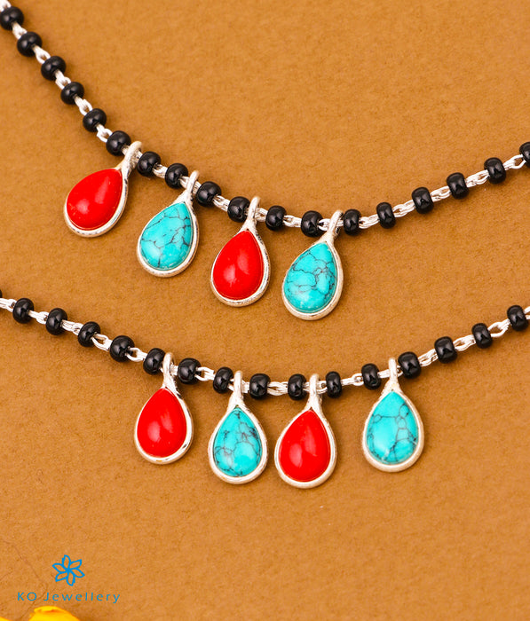 The Vajra Silver Black Beads Nazariya Anklets (Coral/Turquoise)