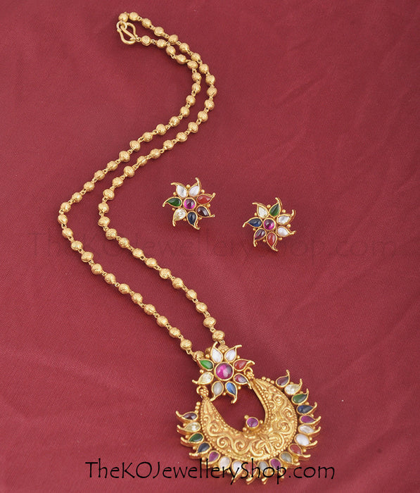 Hand crafted gold dipped silver navratna pendant set shop online