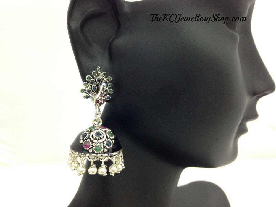 Pink green crystal studded sterling silver jhumkas for women 