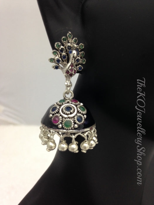 Vibrant black enamelled peacock inspired pure silver buy online 