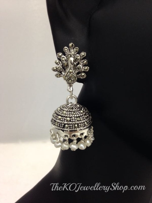 Glittering peacock inspired pure silver jhumka buy online 