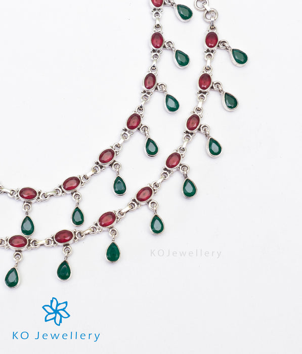The Rudhira Silver Gemstone Anklets (Red/Green)