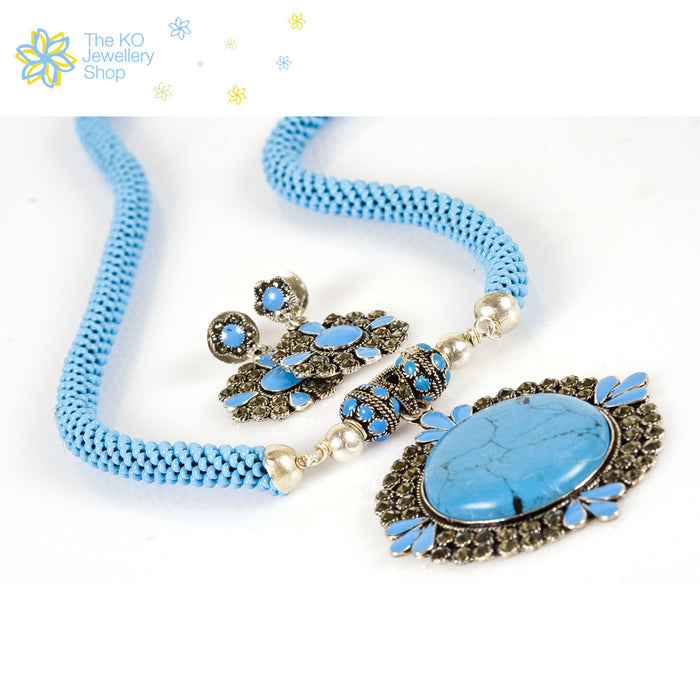 The Victorian Silver Necklace Set - Blue - KO Jewellery