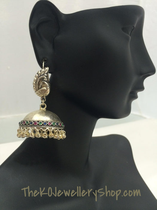 Peacock inspired pure silver jhumka shop online 