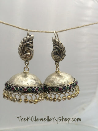Peacock inspired pure silver ornate jhumka shop online 