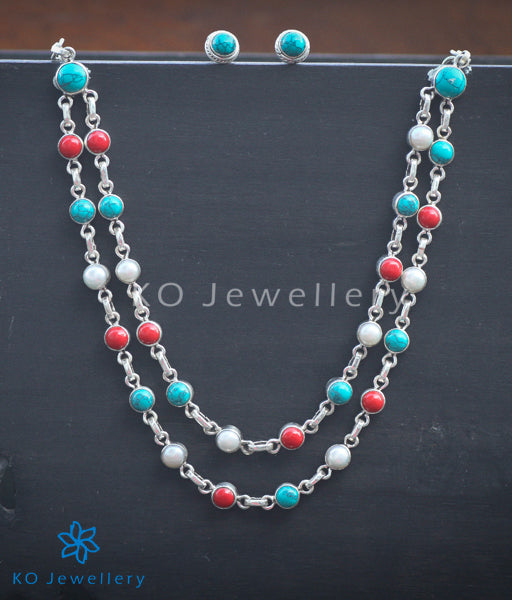 Latest design office wear necklace set combining turquoise, coral and pearls
