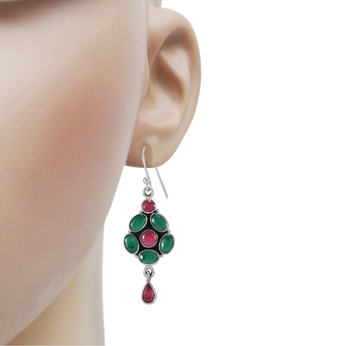 The Swar Silver Gemstone Earrings (Green/Red)