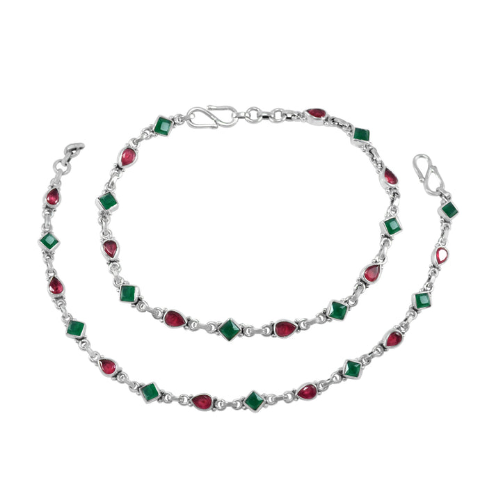 The Akshara Silver Gemstone Anklets (Red/Green)