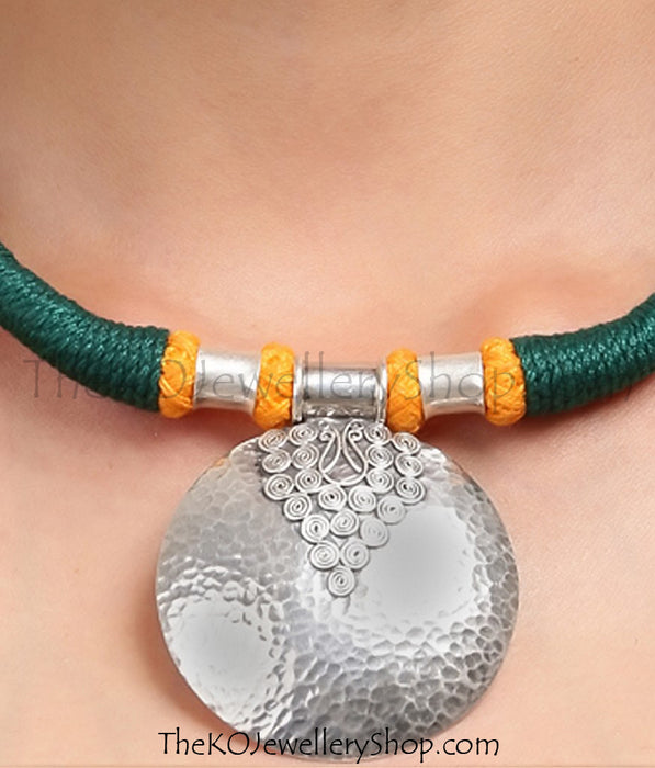 Buy online hand crafted silver green thread necklace for women