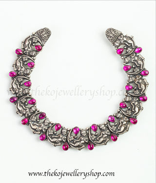 Lord Krishna choker design pure silver necklace studded with red stones shop online