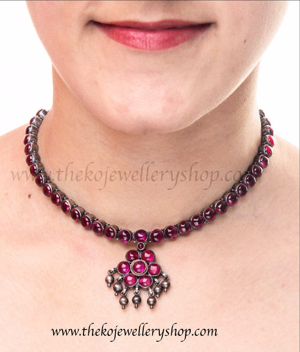 Traditional Addige necklace  south Indian temple jewellery silver necklace with red kempu stones 