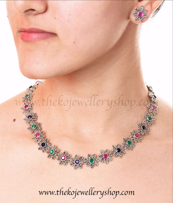 Swiss Marcasite and pink crystals pure silver necklace for women